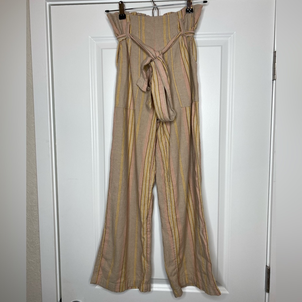 American Eagle Linen Blend Striped Paper Bag Waist Wide Leg Pants Size XS